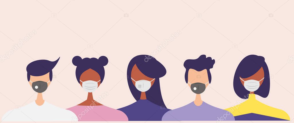 Humans with protective masks flat vector illustrations set. Group of humans wearing medical masks to prevent disease, flu, air pollution, contaminated air, world pollution
