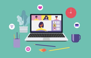 Evden çalışmak ve her yerden çalışmak, birbirine bağlanan insanlar, laptop üzerinde çalışan video konferans uzaktan kumandası, telekonferansla öğrenme veya çevrimiçi buluşma, düz vektör çizimi