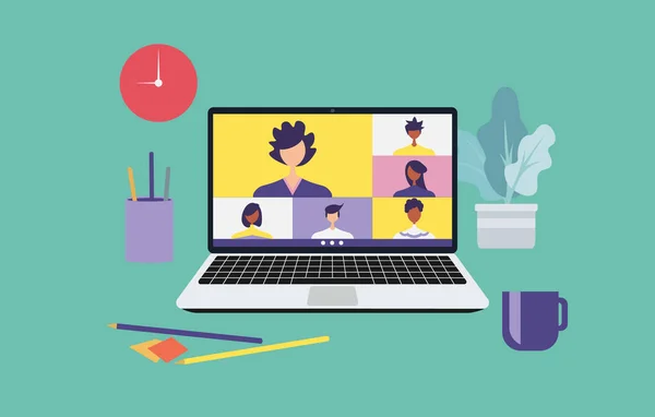 Evden çalışmak ve her yerden çalışmak, birbirine bağlanan insanlar, laptop üzerinde çalışan video konferans uzaktan kumandası, telekonferansla öğrenme veya çevrimiçi buluşma, düz vektör çizimi