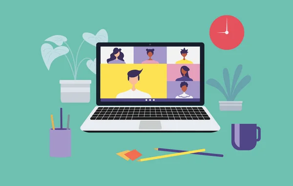 Evden çalışmak ve her yerden çalışmak, birbirine bağlanan insanlar, laptop üzerinde çalışan video konferans uzaktan kumandası, telekonferansla öğrenme veya çevrimiçi buluşma, düz vektör çizimi
