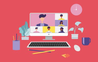 Evden çalışmak ve her yerden çalışmak, birbirine bağlanan insanlar, laptop üzerinde çalışan video konferans uzaktan kumandası, telekonferansla öğrenme veya çevrimiçi buluşma, düz vektör çizimi