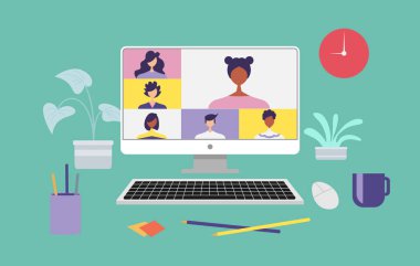 Evden çalışmak ve her yerden çalışmak, birbirine bağlanan insanlar, laptop üzerinde çalışan video konferans uzaktan kumandası, telekonferansla öğrenme veya çevrimiçi buluşma, düz vektör çizimi