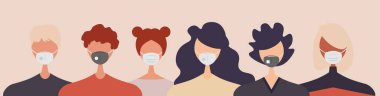 Hastalığı, gribi, hava kirliliğini önlemek için tıbbi maske takan bir grup insan. Coronavirus. Düz bir şekilde vektör illüstrasyonu.