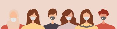 Hastalığı, gribi, hava kirliliğini önlemek için tıbbi maske takan bir grup insan. Coronavirus. Düz bir şekilde vektör illüstrasyonu.