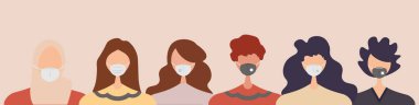 Hastalığı, gribi, hava kirliliğini önlemek için tıbbi maske takan bir grup insan. Coronavirus. Düz bir şekilde vektör illüstrasyonu.