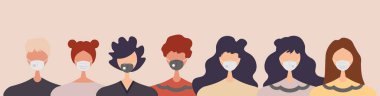 Hastalığı, gribi, hava kirliliğini önlemek için tıbbi maske takan bir grup insan. Coronavirus. Düz bir şekilde vektör illüstrasyonu.