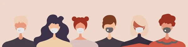 Grupo Pessoas Usando Máscaras Médicas Para Prevenir Doenças Gripe Poluição — Vetor de Stock