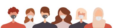 Beyaz arka planda izole edilmiş yüz maskeleri takan farklı insanlar. Solunum cihazındaki kadın ve erkek. Koronavirüs salgınından korunma, pandemik önleme. Çizgi film tarzında vektör illüstrasyonu