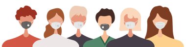 Beyaz arka planda izole edilmiş yüz maskeleri takan farklı insanlar. Solunum cihazındaki kadın ve erkek. Koronavirüs salgınından korunma, pandemik önleme. Çizgi film tarzında vektör illüstrasyonu