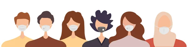 Différentes Personnes Portant Des Masques Faciaux Isolés Sur Fond Blanc — Image vectorielle