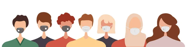 Různí Lidé Nosí Obličejové Masky Izolované Bílém Pozadí Muži Ženy — Stockový vektor