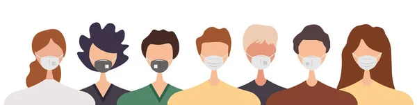 Différentes Personnes Portant Des Masques Faciaux Isolés Sur Fond Blanc — Image vectorielle