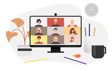 Meslektaşlar bilgisayar ekranında birbirleriyle konuşurlar. Konferans video çağrısı, ev vektör tasarımından çalışıyor.