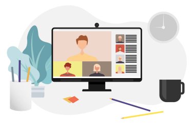 Meslektaşlar bilgisayar ekranında birbirleriyle konuşurlar. Konferans video çağrısı, ev vektör tasarımından çalışıyor.