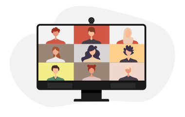 Meslektaşlar bilgisayar ekranında birbirleriyle konuşurlar. Konferans video çağrısı, ev vektör tasarımından çalışıyor.