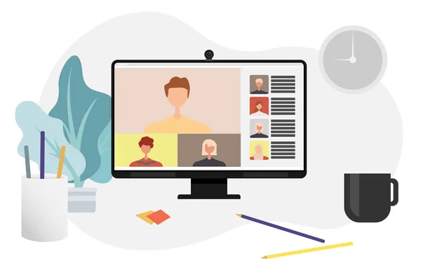 Des Collègues Parlent Sur Écran Ordinateur Conférence Téléphonique Vidéo Travail — Image vectorielle