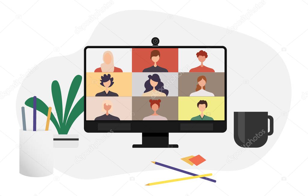 Colleagues talk to each other on the computer screen. Conference video call, working from home vector design.