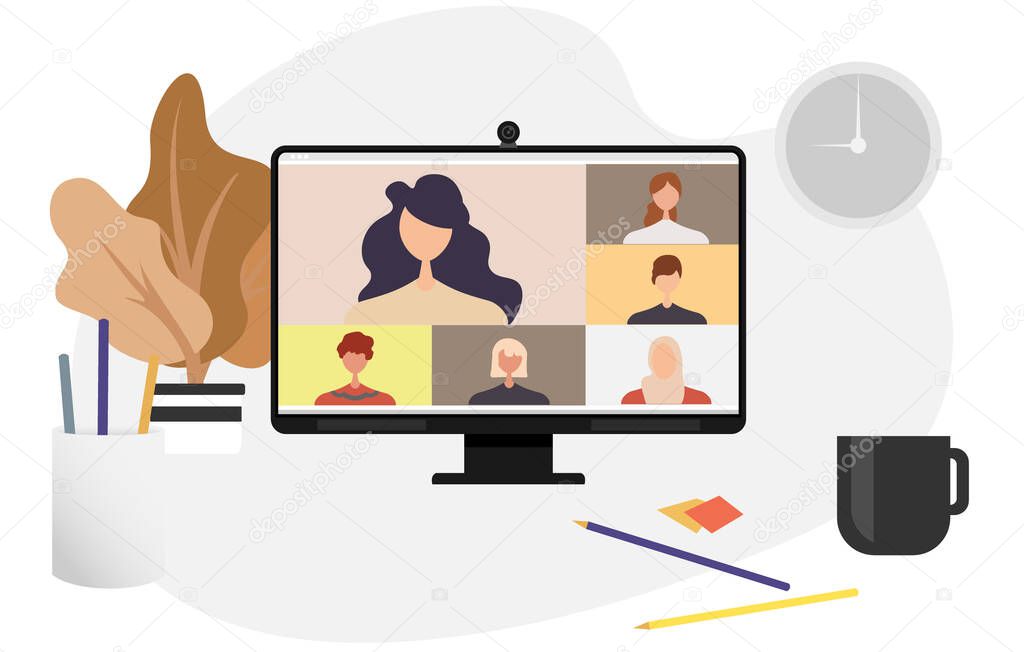 Colleagues talk to each other on the computer screen. Conference video call, working from home vector design.