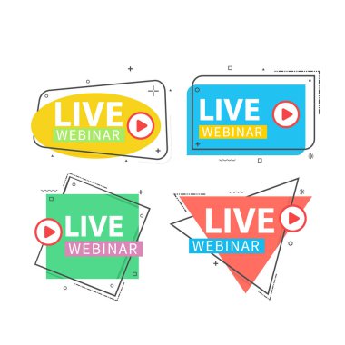 Live Webinar Button, simge, amblem etiketi Vektör illüstrasyon düz çizgi rozet ve afiş, kaydırma, çıkartma, kurdele, embem, arkaplan, poster.