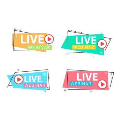 Live Webinar Button, simge, amblem etiketi Vektör illüstrasyon düz çizgi rozet ve afiş, kaydırma, çıkartma, kurdele, embem, arkaplan, poster.