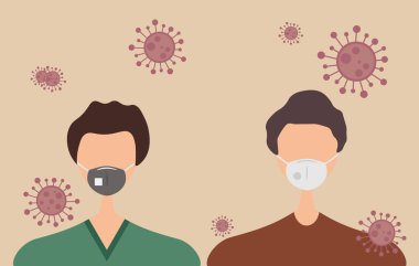 Koruyucu maskeli genç erkek ve kadın karakter, önleme yayılmış koronavirüs covid 19 vektör illüstrasyon