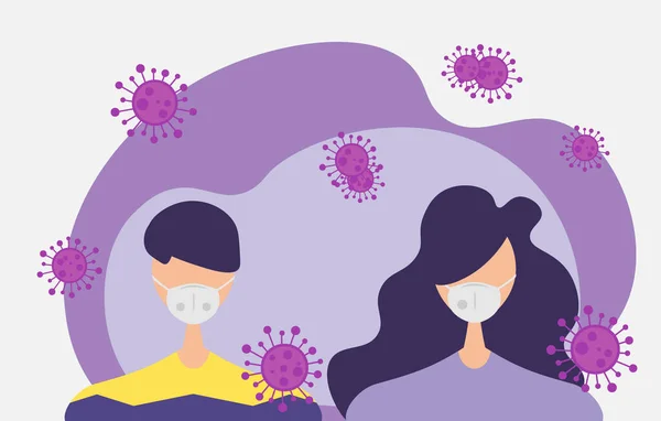 Koruyucu Maskeli Genç Erkek Kadın Karakter Önleme Yayılmış Koronavirüs Covid — Stok Vektör