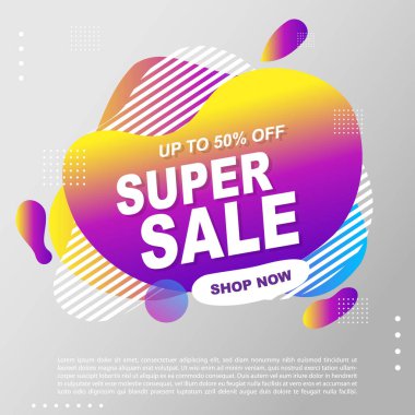 Süper Satış Sıvısı, Sıvı Gradyan Bayrak Şablonu Tasarımı. Süper Satış promosyonu için kullanabilirsin. Reklam ilanları, indirimli afişler.