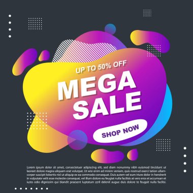 Mega Satış Sıvısı, Sıvı Gradyan Bayrak Şablonu Tasarımı. Mega-Sale tanıtımı için kullanabilirsin. Reklam ilanları, indirimli afişler.