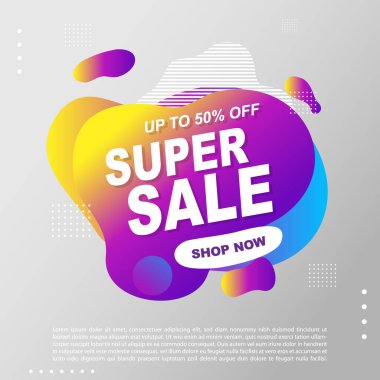 Süper Satış Sıvısı, Sıvı Gradyan Bayrak Şablonu Tasarımı. Süper Satış promosyonu için kullanabilirsin. Reklam ilanları, indirimli afişler.