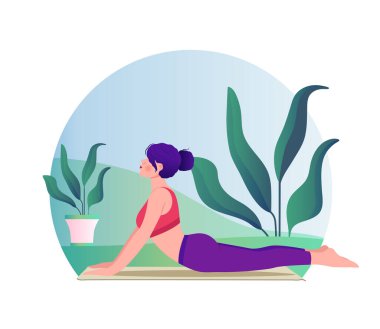 Kadın yoga vektörü olarak doğanın arka planında düz çizim yapıyor.