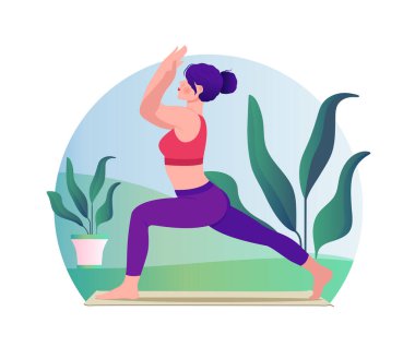 Kadın yoga vektörü olarak doğanın arka planında düz çizim yapıyor.