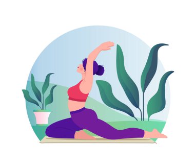 Kadın yoga vektörü olarak doğanın arka planında düz çizim yapıyor.