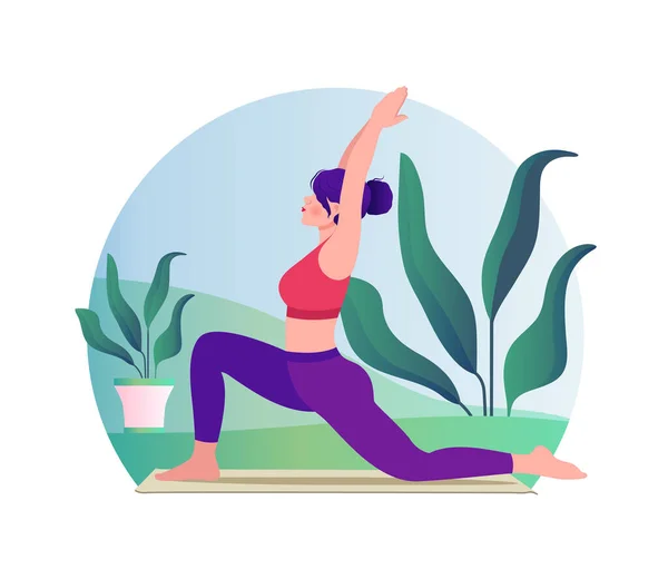 Frau Macht Yoga Vektor Flache Illustration Auf Natur Hintergrund — Stockvektor