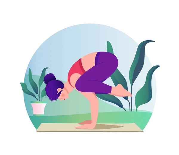 Wanita Melakukan Vektor Yoga Ilustrasi Datar Pada Latar Belakang Alam - Stok Vektor