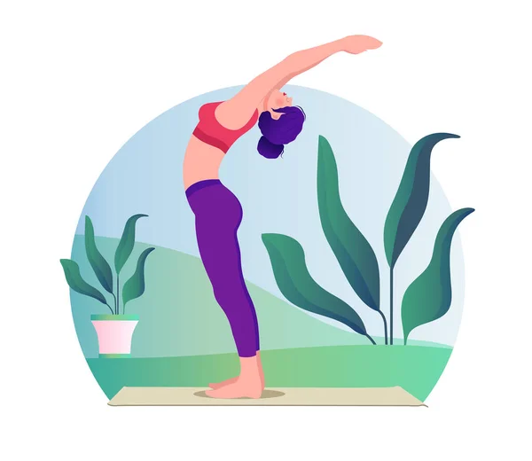 Donna Che Yoga Vettore Illustrazione Piatta Sfondo Natura — Vettoriale Stock