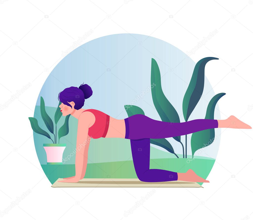 Woman doing yoga vector flat illustration on nature background