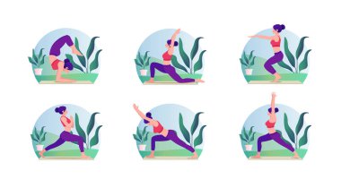 Doğa üzerine kurulu güzel bir yoga seti. Açık hava egzersizleri, sağlık hizmetleri ve sağlıklı yaşam tarzı. Yoga pozları, meditasyon aerobik pozisyonları veya egzersiz terapisi düz vektör çizimi