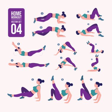 Evde antrenman seti. Spor egzersizleri seti. Serbest ağırlık egzersizleri. Aktif bir yaşam tarzının tasviri. Kadın spor yapıyor, yoga yapıyor.