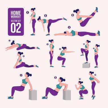 Evde antrenman seti. Spor egzersizleri seti. Serbest ağırlık egzersizleri. Aktif bir yaşam tarzının tasviri. Kadın spor yapıyor, yoga yapıyor.