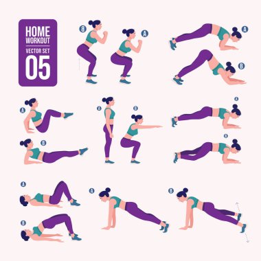 Evde antrenman seti. Spor egzersizleri seti. Serbest ağırlık egzersizleri. Aktif bir yaşam tarzının tasviri. Kadın spor yapıyor, yoga yapıyor.