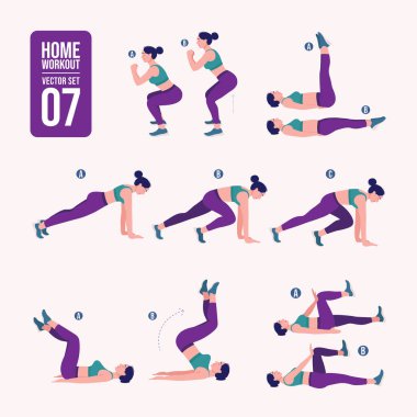 Evde antrenman seti. Spor egzersizleri seti. Serbest ağırlık egzersizleri. Aktif bir yaşam tarzının tasviri. Kadın spor yapıyor, yoga yapıyor.
