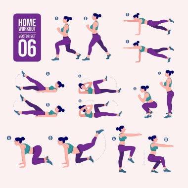 Evde antrenman seti. Spor egzersizleri seti. Serbest ağırlık egzersizleri. Aktif bir yaşam tarzının tasviri. Kadın spor yapıyor, yoga yapıyor.