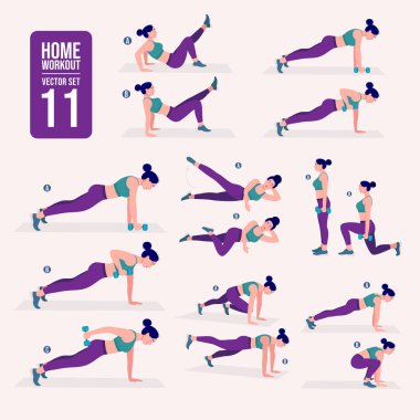 Evde antrenman seti. Spor egzersizleri seti. Serbest ağırlık egzersizleri. Aktif bir yaşam tarzının tasviri. Kadın spor yapıyor, yoga yapıyor.