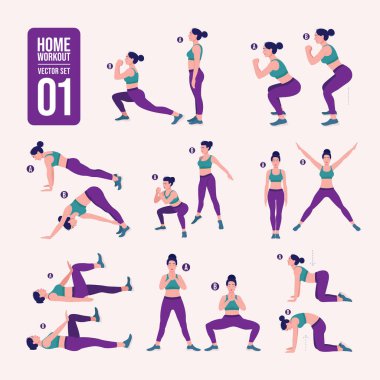 Evde antrenman seti. Spor egzersizleri seti. Serbest ağırlık egzersizleri. Aktif bir yaşam tarzının tasviri. Kadın spor yapıyor, yoga yapıyor.