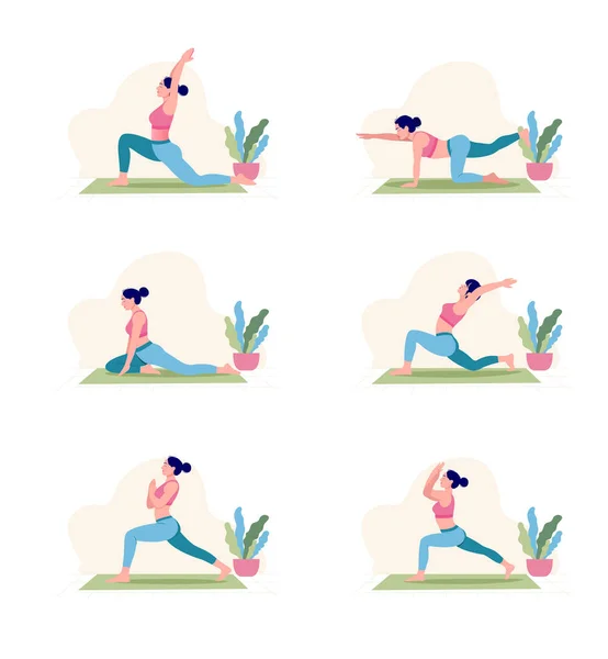 Seis Diferentes Posturas Yoga Ilustración Plana Cartel Creativo Diseño Pancartas — Vector de stock