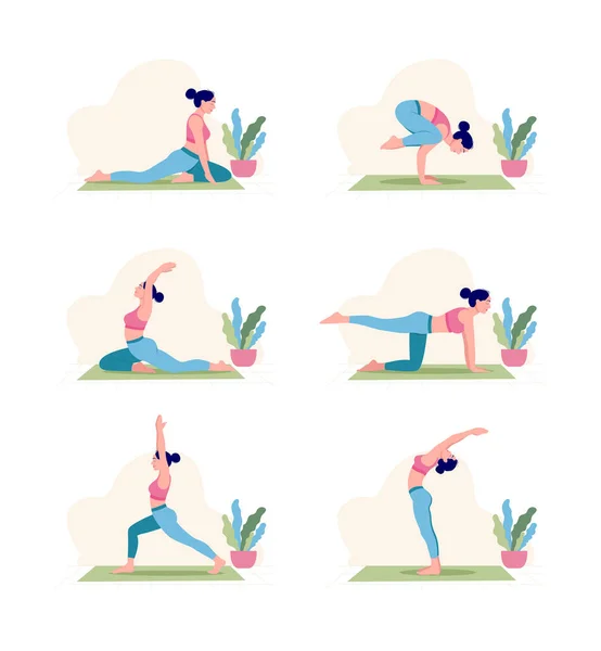 Seis Diferentes Posturas Yoga Ilustración Plana Cartel Creativo Diseño Pancartas — Vector de stock