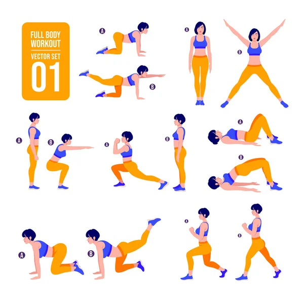 全身トレーニングセット 女性のための運動 重量損失とスリムな形状 スポーツと健康的なライフスタイルのアイデア — ストックベクタ