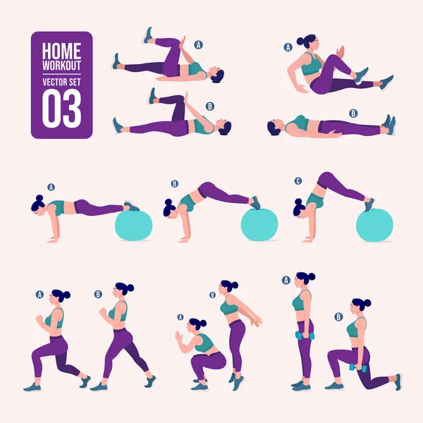 Evde antrenman seti. Spor egzersizleri seti. Serbest ağırlık egzersizleri. Aktif bir yaşam tarzının tasviri. Kadın spor yapıyor, yoga yapıyor.