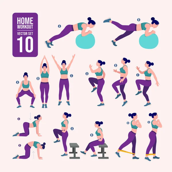 Heimtrainingsset Eine Reihe Von Sportlichen Übungen Übungen Mit Freigewicht Illustration — Stockvektor