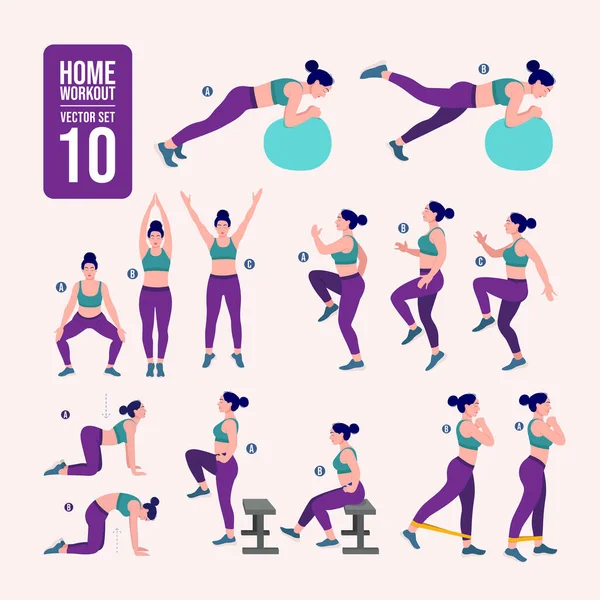 Evde antrenman seti. Spor egzersizleri seti. Serbest ağırlık egzersizleri. Aktif bir yaşam tarzının tasviri. Kadın spor yapıyor, yoga yapıyor.
